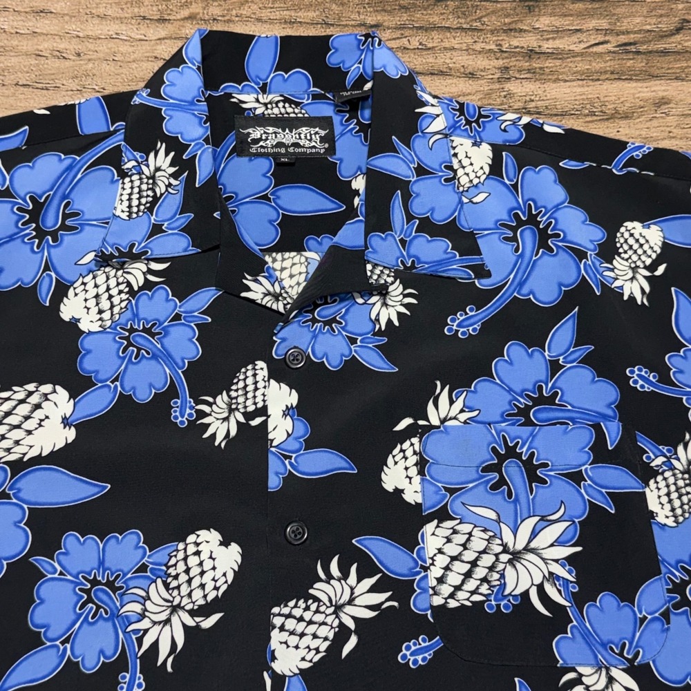 Dragonfly Hawaiian Shirt XL Black Blue Hibiscus Pineapple Tropical Camp Beach